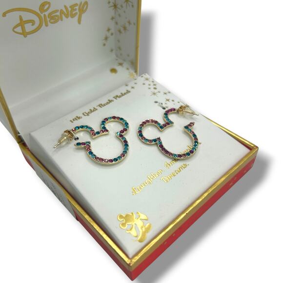 NEW Disney Multi Color Crystal Mickey Mouse Earrings 14K Gold Plated Pink Blue - Picture 6 of 14